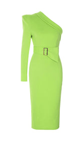 One Shoulder Belt Midi Dress In Green