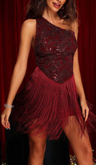 Sequin Tassel Mini Dress - Wine Red