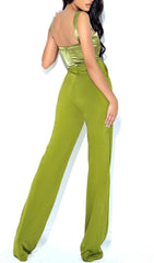 Green V Neck Satin Jumpsuit