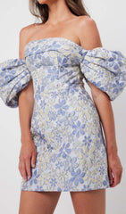 Puff Floral Print Mini Dress In Blue