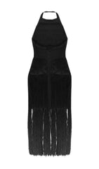 Black Halter Tassels Midi Bodycon Dress