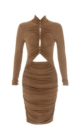 Caramel Turtleneck Waist Hollow Pleated Dress
