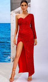 Red Sequin Long Sleeve One Shoulder Slit Maxi Dress