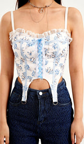 Blue Floral Lace UP Strappy Top