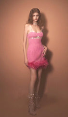 Cut Out Crystal FeaTher Mini Dress In Hot Pink