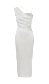 Satin One Shoulder Midi Dress In White