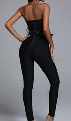 Black V Neck Belt Bandage Jumpsuit
