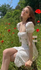 White Floral Puff Sleeve Midi Dress