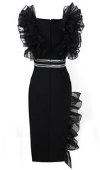 Black V Neck Ruffle Sleeveless Split Bandage Dress