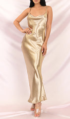 Gold Satin Loose Slip Sleeveless Backless Maxi Dress