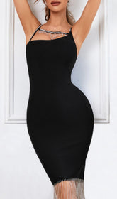 Black Tassel Slit Bandage Midi Dress