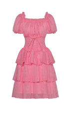 Puff Sleeve Tiered Midi Dress In Pink