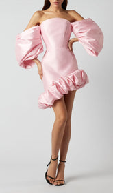 Puff Asymmetric Mini Dress In Pink