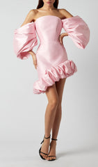 Puff Asymmetric Mini Dress In Pink