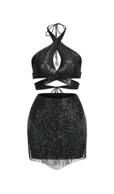 Sequin Tassel Backless Mini Dress In Black