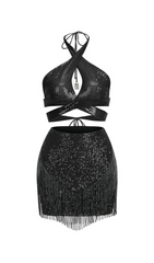Sequin Tassel Backless Mini Dress In Black