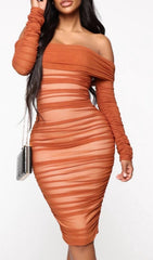 Orange Ruched Long Sleeve Mesh Bandage Midi Dress