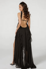 Lace Irregular Maxi Dress In Black