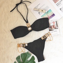 Halter Neck EmbelliShed Bikini Two Piece Set In Black