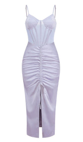 MInK Satin SweeTheart Neck Corset Front Split Maxi Dress