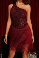 Sequin Tassel Mini Dress - Wine Red