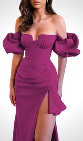 Strapless Draped Sleeve SlitS Bandage Dress In Rose Red