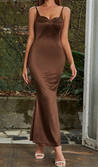 Satin Split Maxi Dress In Brown