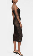 Bow Mesh Strappy Midi Dress In Black