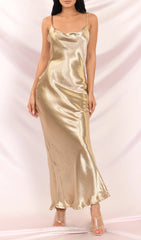 Gold Satin Loose Slip Sleeveless Backless Maxi Dress