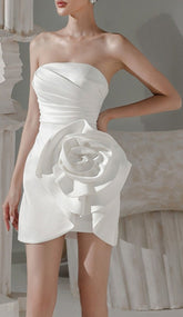 Appliqued Satin Mini Dress In White