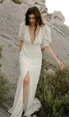 Deep V High Split Maxi Dress In White