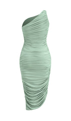 Pleated Sleeveless One-Shoulder Dress In Green