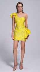 Jacquard One Shoulder Mini Dress In YelLow