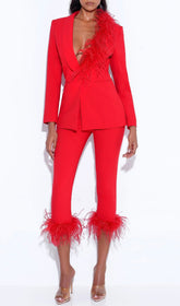Red Blazer Suit With FeaTher Trim