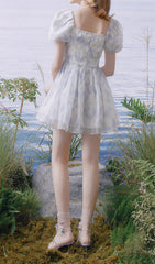Puff Floral-Print Mini Dress In GrayISH-Blue