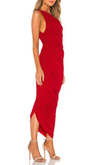 One-Shoulder Pleated Mesh Maxi Dress In Red