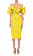 Jacquard Strapless Lace Midi Dress In YelLow
