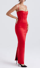 Red Satin Corset Maxi Dress