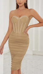 Bandeau Ruched Corset Midi Dress In Brown