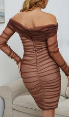 Brown Ruched Mesh Bandage Midi Dress
