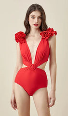 Deep V Red Cutout One Piece Swimsuit And Skirt