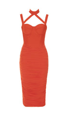 Mesh Ruched Midi Dress In Orange