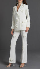 Double-Breasted Three DIMENSIONAL Floral Suit Jacket In White
