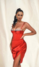 Red DiamonaTe Satin Midi Dress