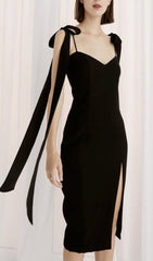 Bandage Bow FLowY Midi Dress In Black