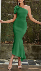 One Shoulder Fishtail Maxi Dress In Green