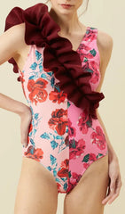 Ruffled Floral Print Splicing One Piece Swimsuit