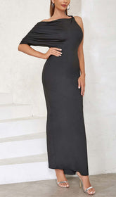 One Shoulder Satin Maxi Dress In Black