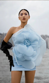 One Shoulder Flower Mini Dress In Blue