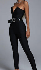 Black V Neck Belt Bandage Jumpsuit